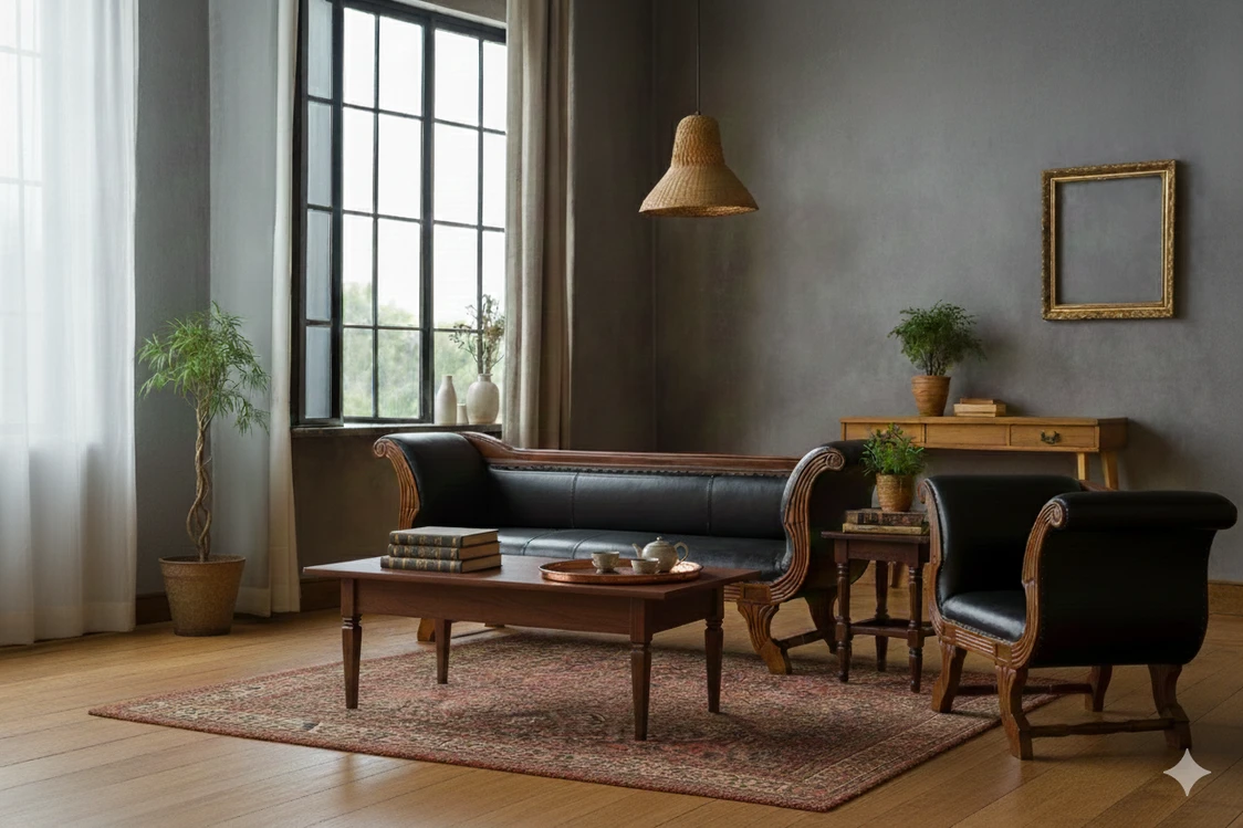 Teak mobilyalarla döşenmiş aydınlık bir iç mekân