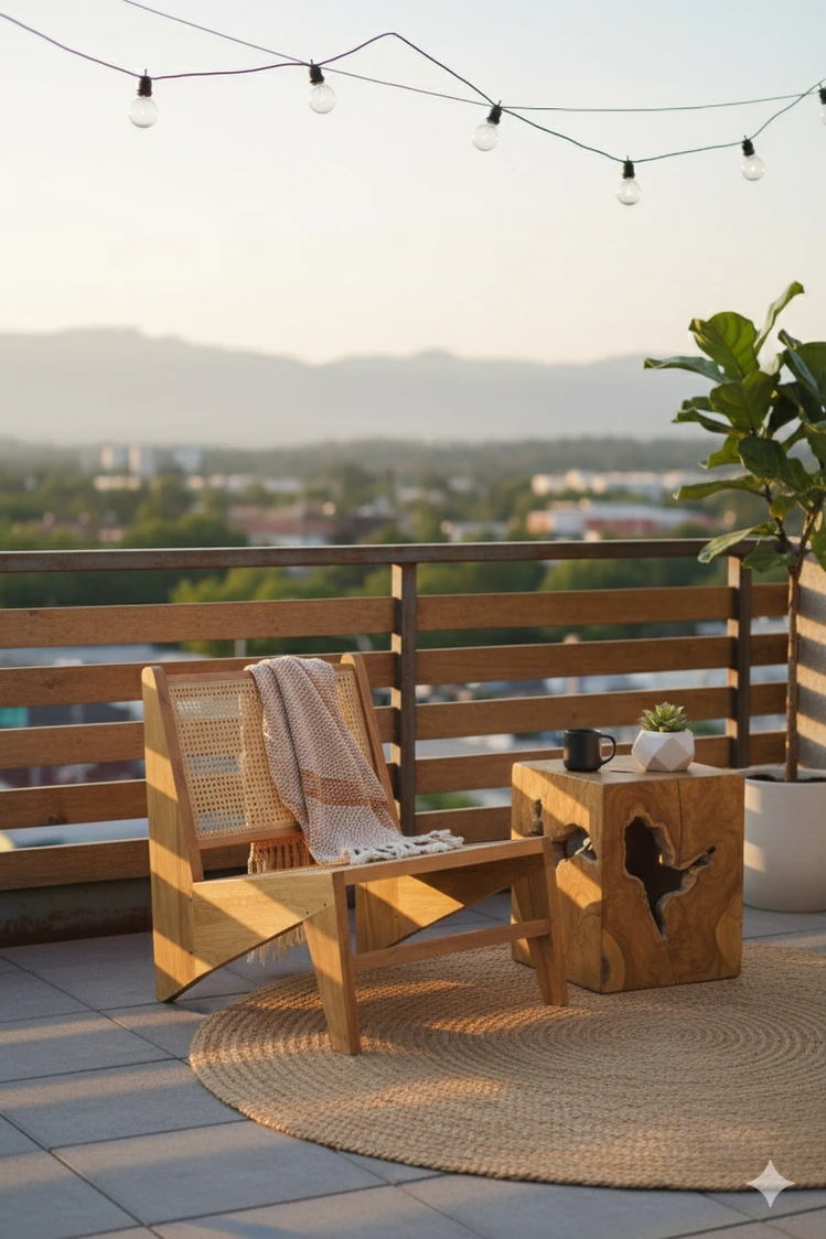 Teak koltuk ve yan sehpayla açık hava terası